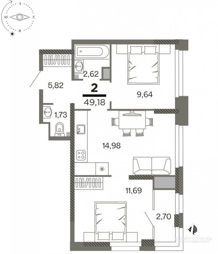 2-х комнатная квартира в новом ЖК общей площадью 47 кв.м.